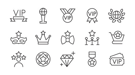 VIP line icon set. Prize, reward, incentive, coupon, reward, card, profit, star, gift, List, Red Carpet, VIP, card sketch, service, membership, quality line icon set. UI thin line icon pack.