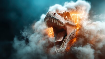 A fierce Tyrannosaurus rex roars dramatically from within dark, swirling storm clouds, illuminated by vivid flashes of lightning, capturing a moment of primal energy and intensity.