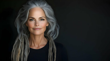 Fototapeta premium Woman with Gray Dreadlocks and Green Eyes Poses Confidently Against a Dark Background
