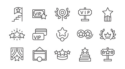 VIP line icon set. Prize, reward, incentive, coupon, reward, card, profit, star, gift, List, Red Carpet, VIP, card sketch, service, membership, quality line icon set. UI thin line icon pack.