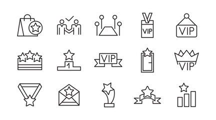 VIP line icon set. Prize, reward, incentive, coupon, reward, card, profit, star, gift, List, Red Carpet, VIP, card sketch, service, membership, quality line icon set. UI thin line icon pack.
