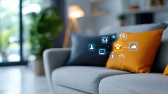 Cozy and modern smart living room with various glowing digital interfaces devices and icons on display creating a comfortable and tech savvy environment for work relaxation and lifestyle