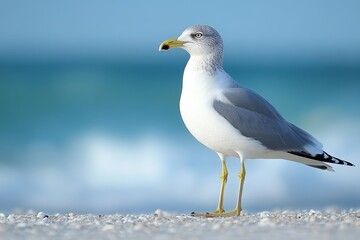 Obraz premium Seagull stands gracefully on sandy beach near the ocean in bright daylight with gentle waves in the background
