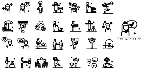 Positivity simple concept 28 icons set. Contains such self-care, optimism, be loved, healthy lifestyle, happiness, positive mindset .Vector illustration.