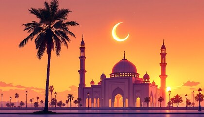 Majestic Mosque Sunset Silhouette Palm Trees Crescent Moon