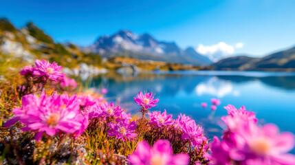 Obraz premium Pink flowers by serene lake with mountain backdrop under bright blue sky in vibrant natural landscape