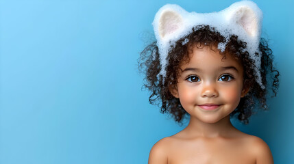 Smiling Child with Foam Animal Ears Enjoys Bath Time on Blue Background.