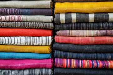 A collection of bold, striped fabrics stacked horizontally, with each stripe creating a rhythmic visual flow
