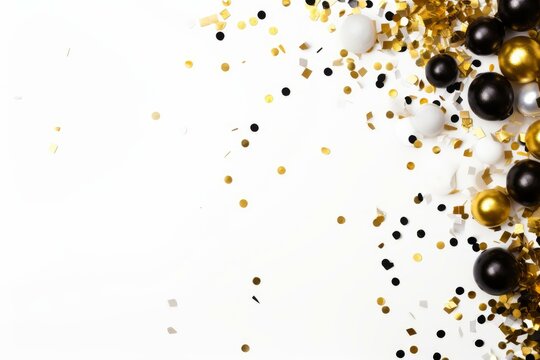 Festive arrangement of gold, black, and white balloons and confetti scattered on a white background, creating a celebratory party atmosphere
