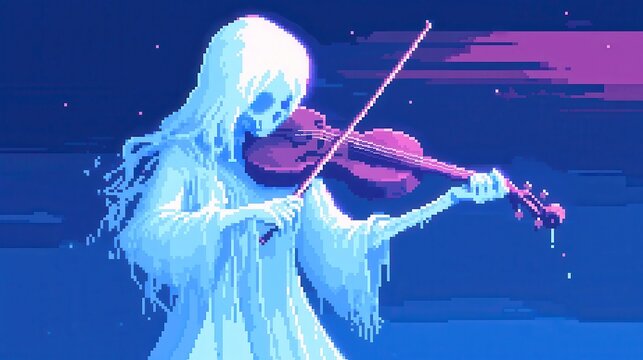 Cursed Violin Melodies, a pixel art scene showcasing an enchanted violin playing by itself, surrounded by ethereal wisps, evoking a hauntingly beautiful atmosphere.