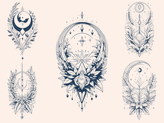 Obraz premium vertical alignment of Line art Crystal, crescent Moon and cosmic elements Collection With Leaves . Silhouette Sketch Set.