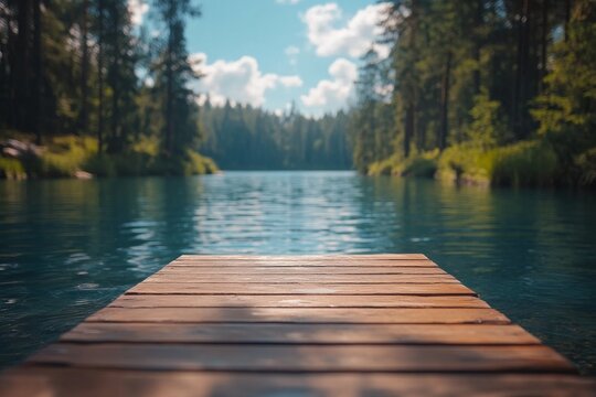 Serene wooden dock extending into a calm lake surrounded by lush green trees and bright blue sky