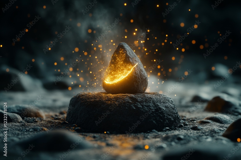 Poster a 3d scene of a remarkable discovery, such as a glowing artifact uncovered in an ancient cave, with 