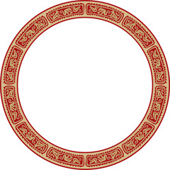 Native American vector round gold with red pattern. Geometric shapes in a circle. National ornament of the peoples of America, Maya, Aztecs, Incas