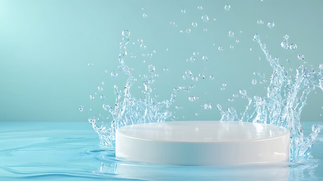 White podium in water with splashing drops on blue background