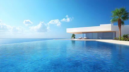 Fototapeta premium Modern Villa with Infinity Pool Overlooking the Ocean Reflects Blue Sky Peacefully Under Clouds