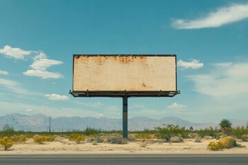 Blank billboard in desert landscape under blue sky.