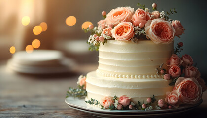 Photo - Elegant Two-Tiered Wedding Cake Decorated with Pink Roses and Greenery