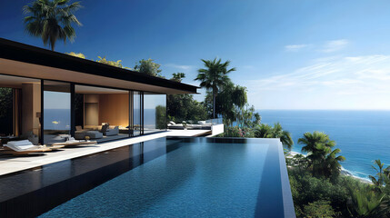 Fototapeta premium Modern Cliffside Villa Boasts an Infinity Pool Overlooking the Ocean with Tropical Greenery