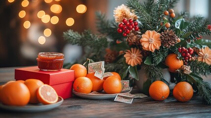 Festive oranges, jam, and floral arrangement on wooden table, bokeh background, holiday gift
