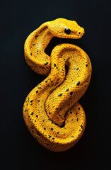 Fototapeta premium golden yellow snake with black spots, coiled elegantly against dark background, showcasing its vibrant scales and striking appearance. This captivating reptile exudes sense of mystery and beauty