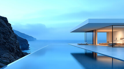 Fototapeta premium Modern Cliffside Villa with Infinity Pool Overlooking the Tranquil Ocean at Dusk