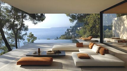 Fototapeta premium Modern patio showcases luxurious furniture overlooking a stunning ocean view with tranquil scenery.