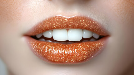 Fototapeta premium Close-up of Glittery Gold Lips and White Teeth Showcasing Beauty and Cosmetics