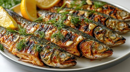 Grilled fish garnished with herbs and lemon slices on a decorative plate, showcasing a delicious meal