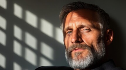 A confident, seasoned man with silver hair and a well-groomed beard exudes charisma, set against a soft backdrop of light and shadows that adds depth to his expression.