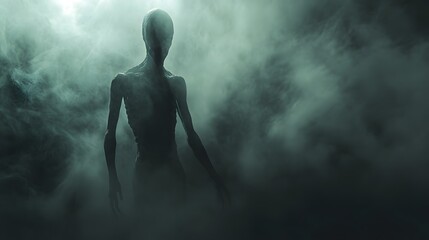 Obraz premium A ghostly figure of an alien, floating in the darkness with an ethereal light around it 