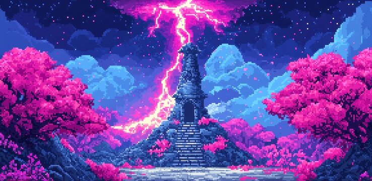 Forgotten Wizard's Tower, a pixel art scene depicting a mystical tower enveloped in eternal lightning, pulsating with vibrant arcane energy in a desolate landscape.