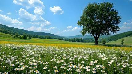 Obraz premium Scenic Landscape Shows Daisy Field with Lush Green Meadow under a Bright Blue Sky