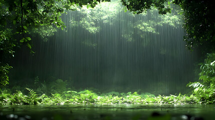 Heavy Rainfall Creates a Lush Green Oasis in the Tropical Rainforest with Ferns and Water