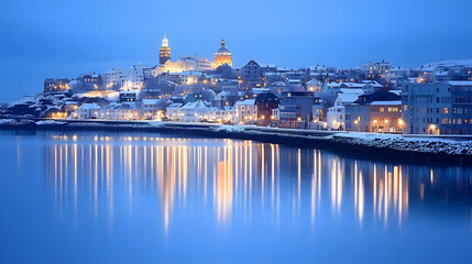 Fototapeta premium Coastal Town Illuminates at Dusk, Reflecting on Calm Waters in Winter Serenity.