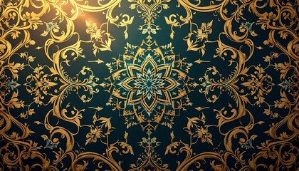 Gold Mandala Floral Pattern Dark Green Background Luxurious Design