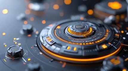 Futuristic abstract digital dashboard with advanced data visualization and business intelligence analytics interface  Complex cyberpunk inspired technology system with interconnected circuits