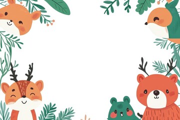 Obraz premium Playful woodland animals with foliage border in cheerful colors