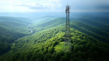 Telecommunications Tower Stands Tall Amidst Lush Green Mountain Forest Landscape Under Blue Sky