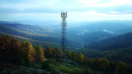 Obraz premium Telecommunication Tower Stands Tall Amidst Autumnal Mountain Valley Landscape