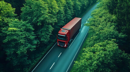 Fototapeta premium Red Truck Transports Goods Through Lush Forest on Winding Road Smoothly and Efficiently on a Sunny Day