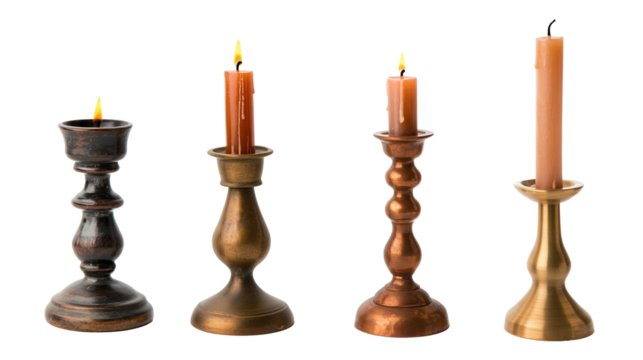 Collection of vintage candlesticks with burning and melted candles on transparent PNG background, perfect for antique design, composition, and atmospheric projects