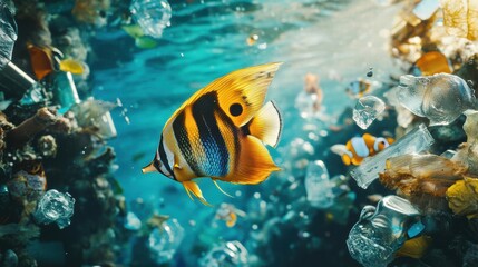 Naklejka premium A striking butterfly fish swims through plastic