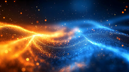 Obraz premium Abstract Background Flows with Glowing Particles Dynamically in Orange and Blue Hues