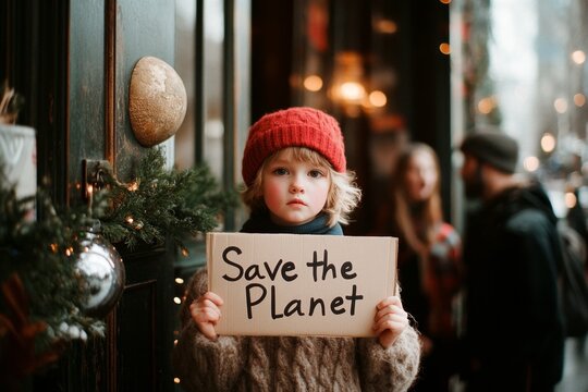 A child holding up a handmade "Save the Planet" sign at a protest, passionately persuading passersby to join the cause