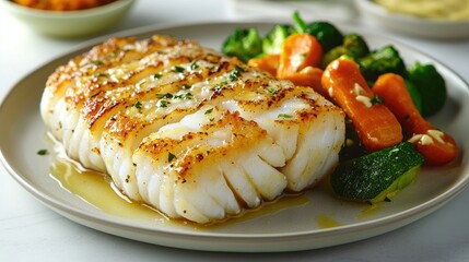 Grilled fish fillet served with saut&eacute;ed vegetables on a plate in a dining setting