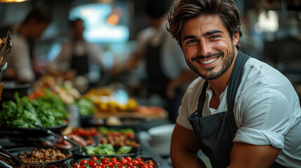 A transgender man working confidently as a chef in a bustling restaurant kitchen