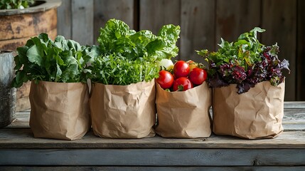 Fresh Organic Vegetables in Paper Bags on Rustic Wooden Table