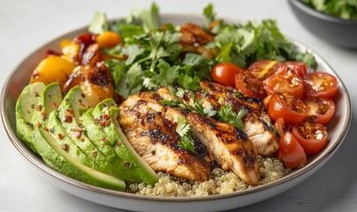 Bowl with chicken, avocado, tomatoes, and quinoa.