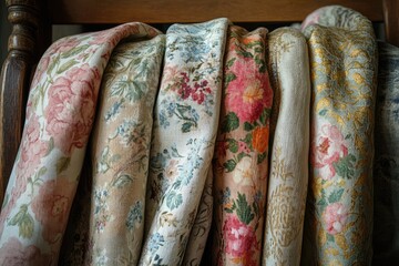 A collection of vintage fabrics with delicate floral patterns, draped elegantly over a wooden chair